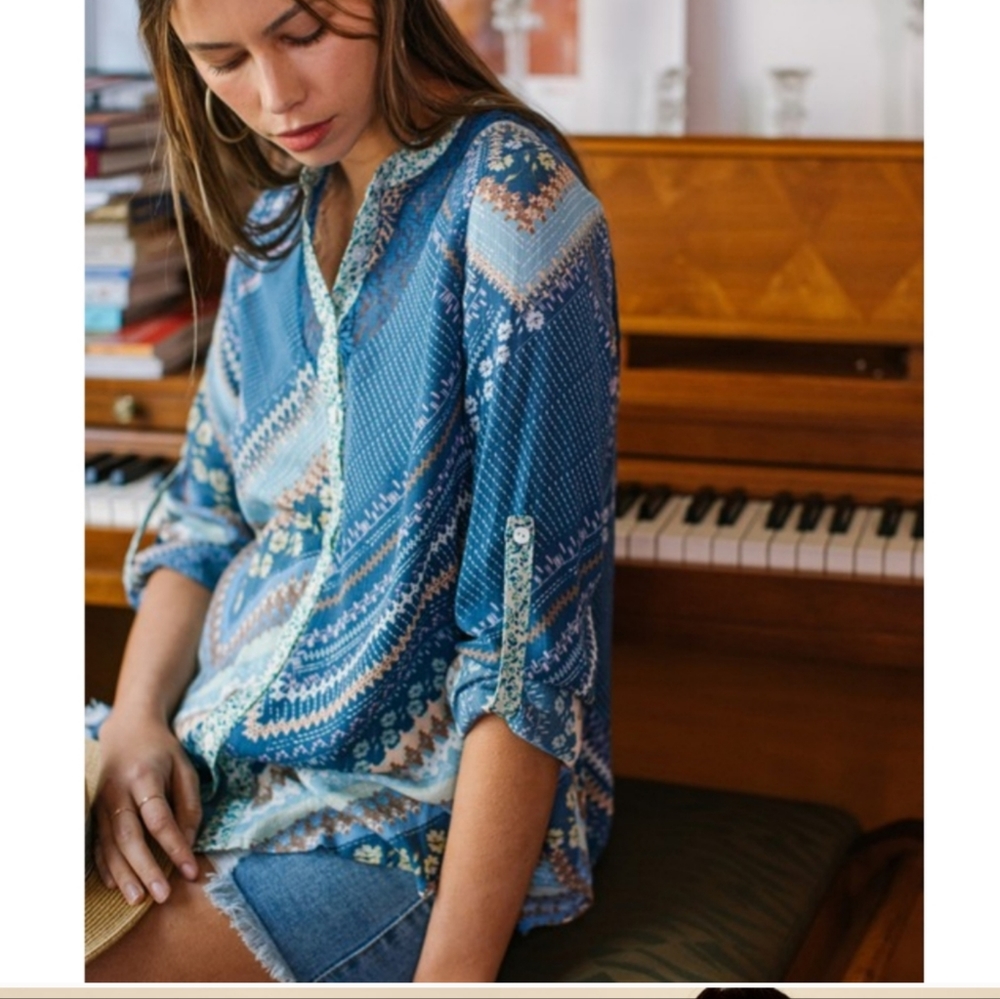 Multi pattern blue button down  blouse half  sheer lace  back